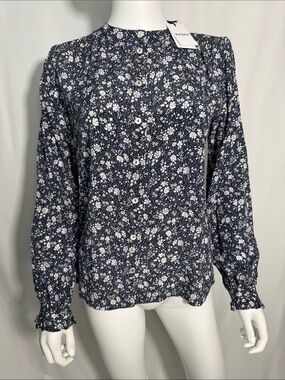NWT Brora 100% Silk Ditsy Floral Blouse Blue White Mock Neck Size US 4